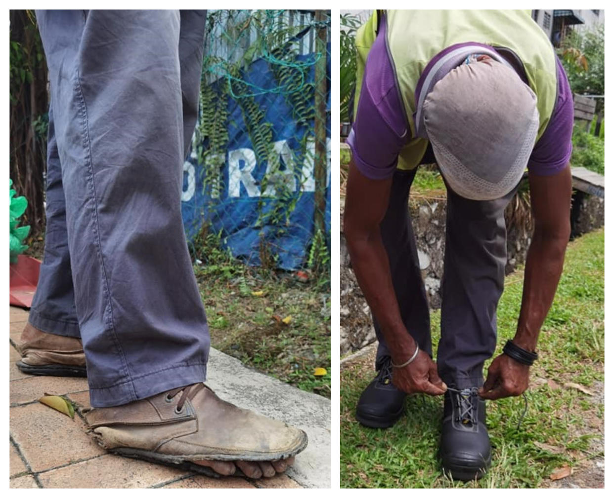 The street sweeper putting on his new pair of shoes bought by Muhammad Affiruddin. — Picture via Facebook/AffiAriff