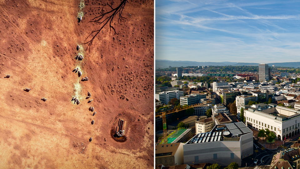 An aerial shot of Boggabri (left) and a shot of the city of Basel (right).