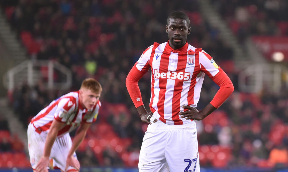 STOKE ON TRENT, ENGLAND - NOVEMBER 04: Papa Alioune Ndiaye of Stoke City look deject during the Sky Bet Championship match between Stoke City and West Bromwich Albion at Bet365 Stadium on November 04, 2019 in Stoke on Trent, England. (Photo by Nathan Stirk/Getty Images)