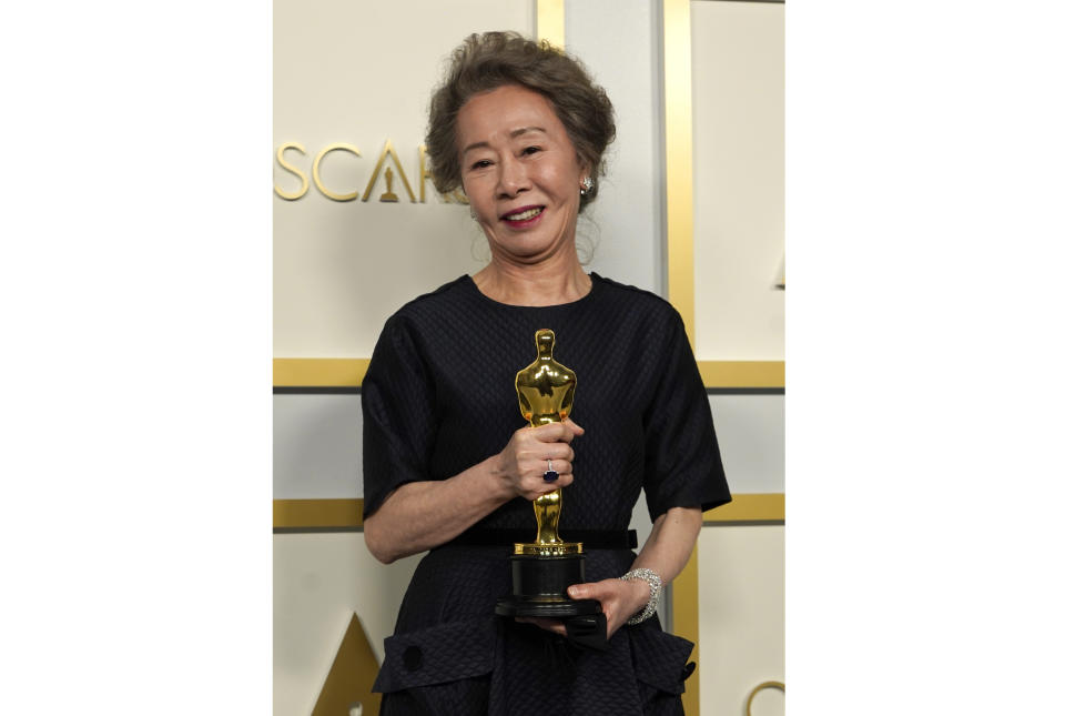 Yuh-Jung Youn, winner of the award for best actress in a supporting role for "Minari," poses in the press room at the Oscars on Sunday, April 25, 2021, at Union Station in Los Angeles. (AP Photo/Chris Pizzello, Pool)