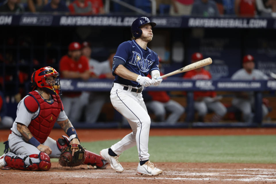 Tampa Bay Rays' Taylor Walls watches his three-run home run against the St. Louis Cardinals during the 10th inning of a baseball game Tuesday, June 7, 2022, in St. Petersburg, Fla. (AP Photo/Scott Audette)