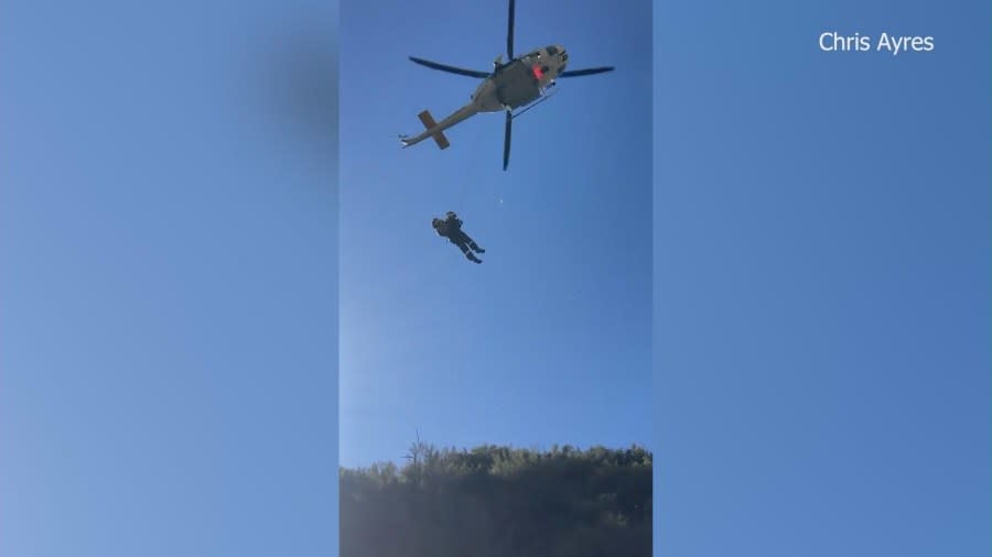 A woman was rescued by helicopter after driving off a road and tumbling down a canyon in the San Gabriel Mountains on Jan. 7, 2024.