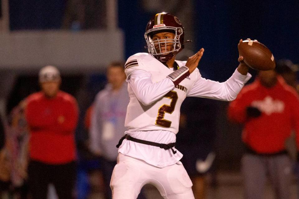 George County quarterback Deuce Knight throws a pass during a game against Pascagoula at Pascagoula High in Pascagoula on Thursday, Nov. 2, 2023.