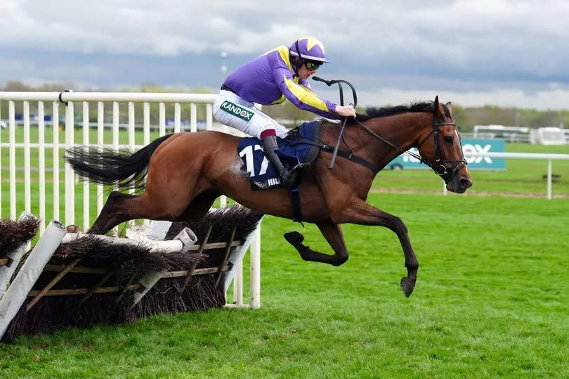 Gwennie May Boy, ridden by Charlie Todd, on the way to winning the William Hill Handicap Hurdle on day three of the 2024 Randox Grand National Festival at Aintree Racecourse on Saturday, April 13 2024