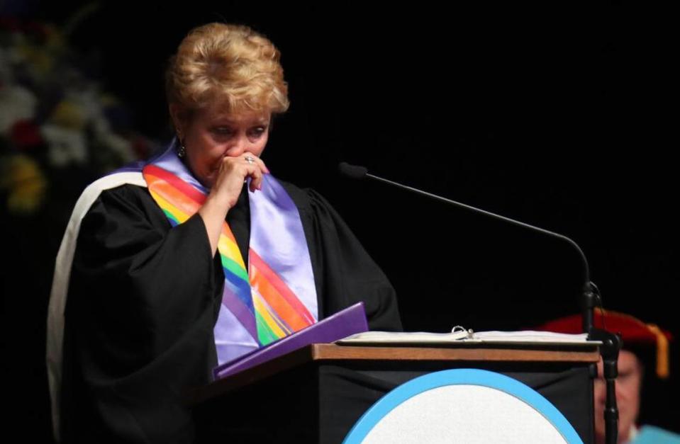 Principal Linda Laettner got emotional during her address at the Fresno High graduation ceremony held at the Save Mart Center on June 5, 2023.