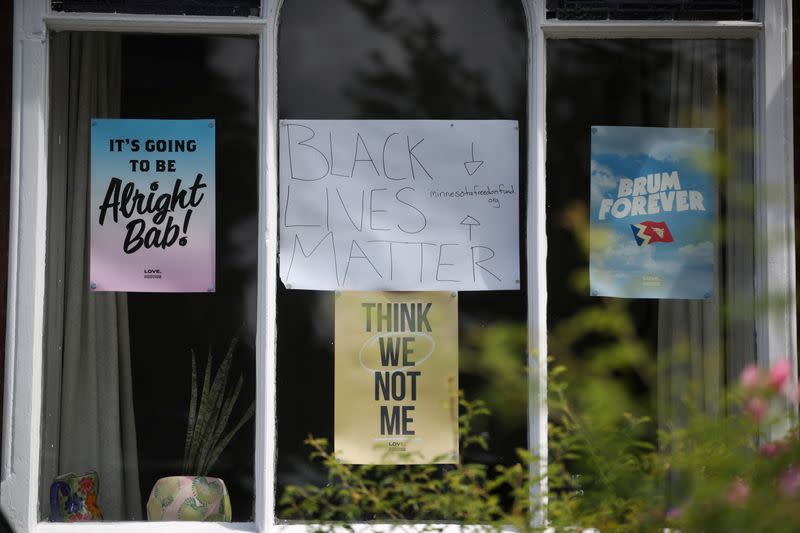 A black lives matter sign is seen in the window of a house in Birmingham after the death of George Floyd who died in police custody in Minneapolis