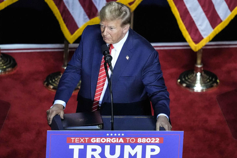 Republican presidential candidate former President Donald Trump speaks at a campaign rally Saturday, March 9, 2024, in Rome Ga. (AP Photo/Mike Stewart)