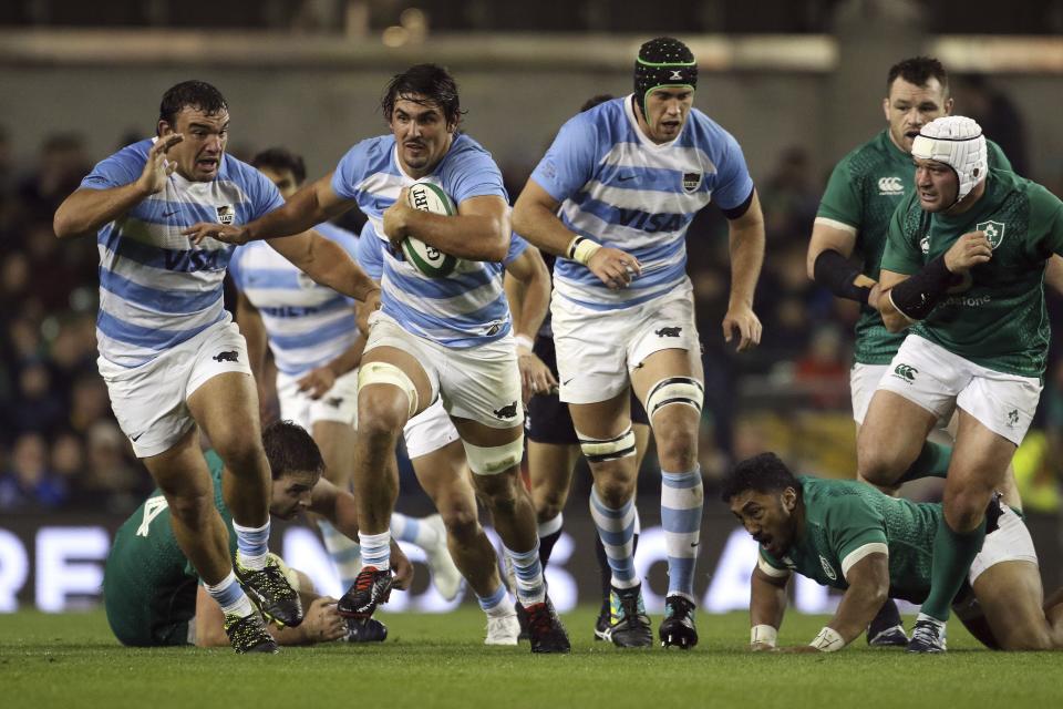 Argentina's Pablo Matera runs with the ball during the rugby union international match between Ireland and Argentina, at the Aviva Stadium in Dublin, Ireland, Saturday, Nov. 10, 2018. (AP Photo/Peter Morrison)