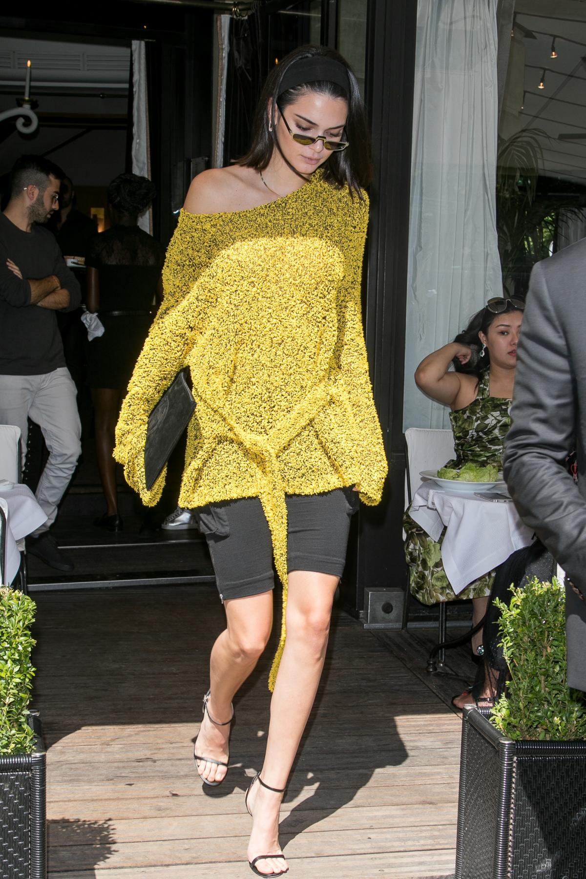 Kendall Jenner Wears Yellow Gucci Camisole and Kendall and Kylie Paperbag  Sweatpants