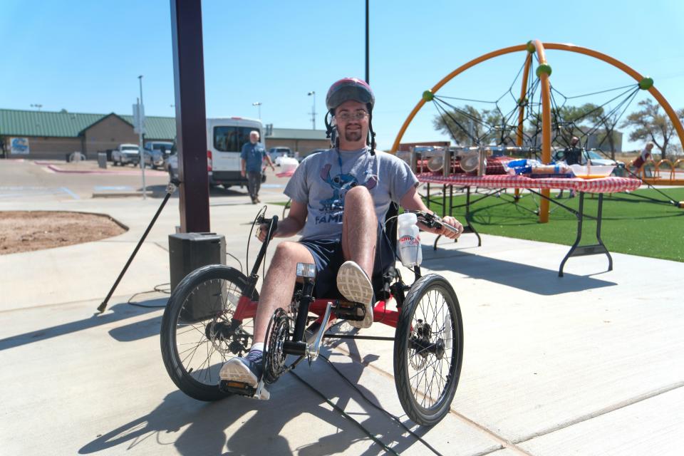 Jody Morris rides his new AMtryke at the newly built Kylie Hiner Memorial Park Thursday in Canyon.