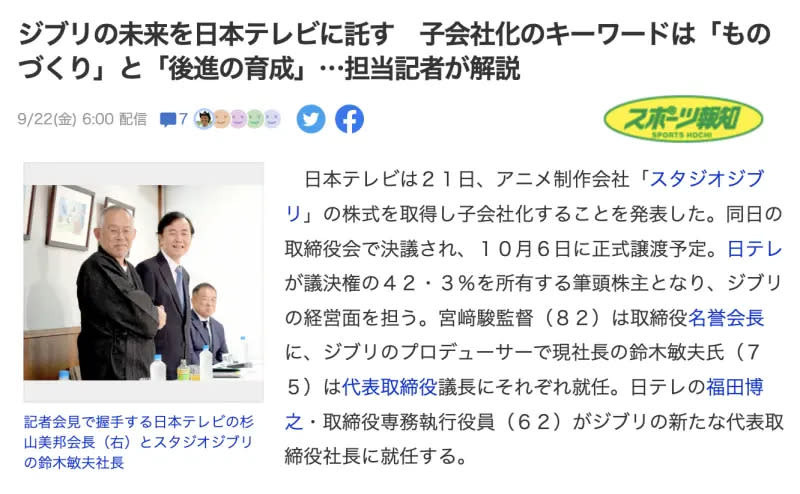 ▲「吉卜力工作室」將成為日本電視台的子公司。（圖／翻攝hochi.news）
