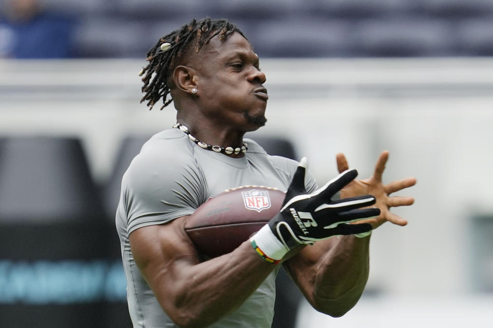 Linebacker Ifeanyi Augustine Nwoye, of Nigeria, takes part in the NFL International Combine at the Tottenham Hotspur Stadium in London, Tuesday, Oct. 4, 2022. International athletes on Tuesday are taking part in a series of tests in front of NFL evaluators for a potential position in the NFL's International Player Pathway programme. (AP Photo/Kin Cheung)