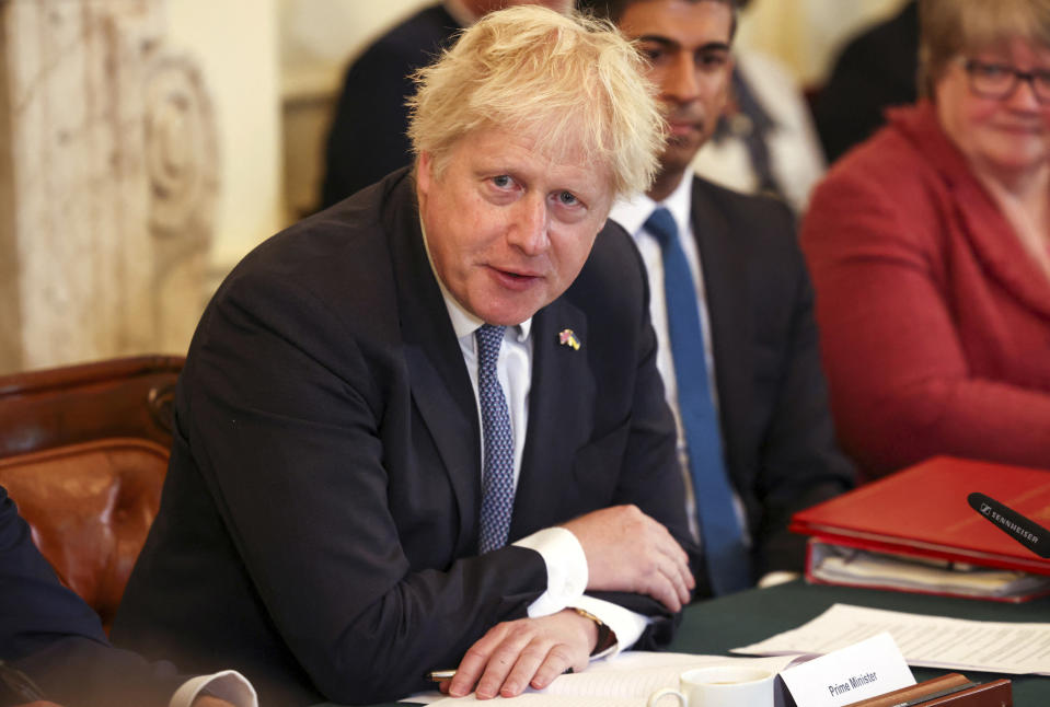 British Prime Minister Boris Johnson speaks at the weekly cabinet meeting at 10 Downing Street, London, Tuesday, May 17, 2022. (Henry Nicholls/Pool Photo via AP)