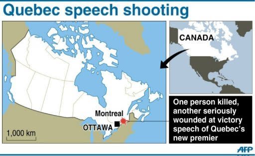 A map locating Montreal in Canada, where one person was killed in a shooting at Pauline Marois' victory speech