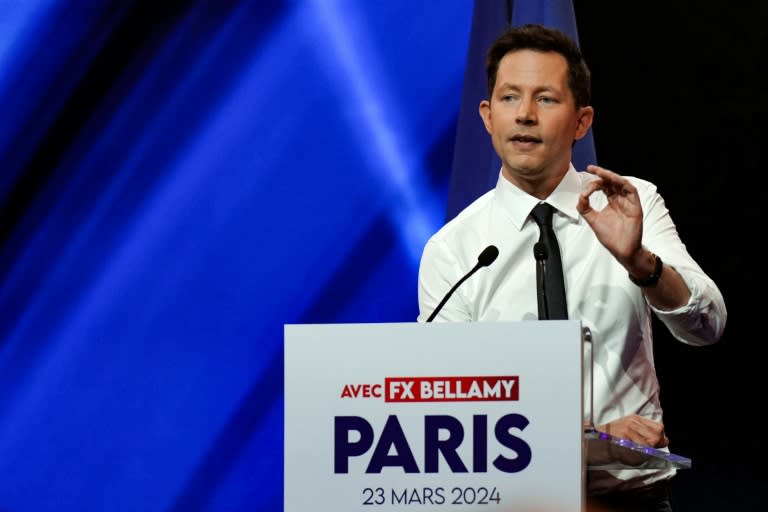 François-Xavier Bellamy, tête de listes Les Républicains aux européennes, lors du lancement de la campagne, le 23 mars 2024 à Aubervilliers, près de Paris (Dimitar DILKOFF)