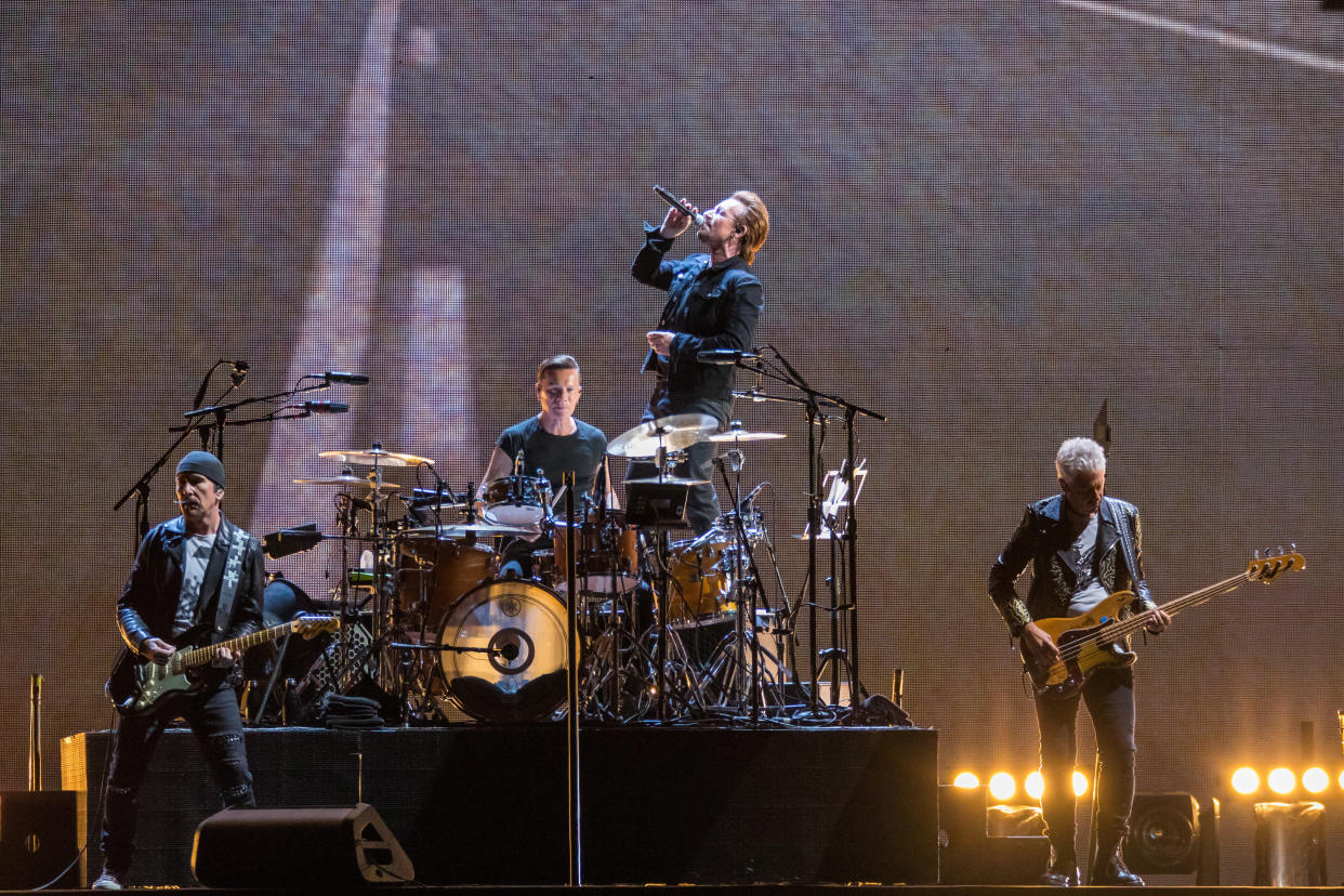 DETROIT, MI - SEPTEMBER 03:  (L-R) The Edge,  Larry Mullen Jr., Bono and Adam Clayton of U2 perform during 'The Joshua Tree Tour 2017' at Ford Field on September 3, 2017 in Detroit, Michigan.  (Photo by Scott Legato/Getty Images)