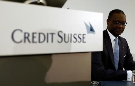 CEO Tidjane Thiam (R) of Swiss bank Credit Suisse awaits a news conference to present the bank's halfyear results in Zurich, Switzerland July 28, 2016. REUTERS/Arnd Wiegmann