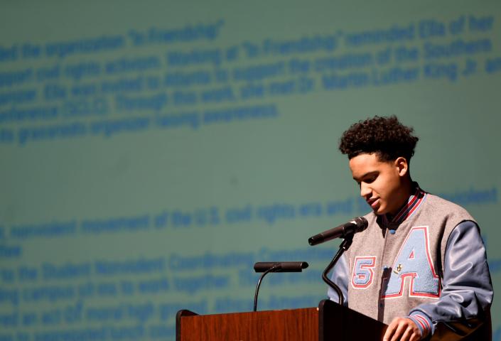 Alliance High School student and member of the Social Justice Team, Kamden Jones  helps to tell the story of Ella Baker during The 2023 Alliance High School Pathfinders Assembly.  Friday, February 03, 2023.