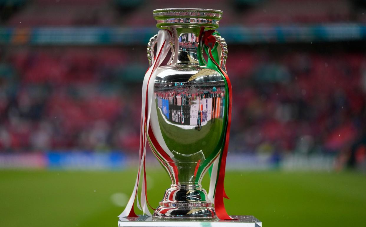 The Henri Delaunay Trophy on a plinth prior to the UEFA Euro 2020 Championship Final between Italy and England at Wembley Stadium on July 11, 2021 in London, England