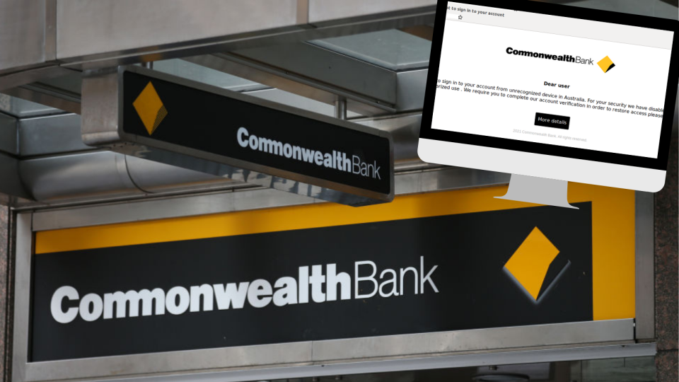 Image of Commonwealth branch logo and small screenshot of scam email in corner