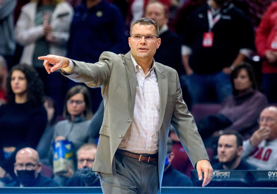 Bradley head coach Brian Wardle directs his players in the second half Saturday, Nov. 27, 2021 at Carver Arena. Bradley routed the Maine Black Bears 71-39.