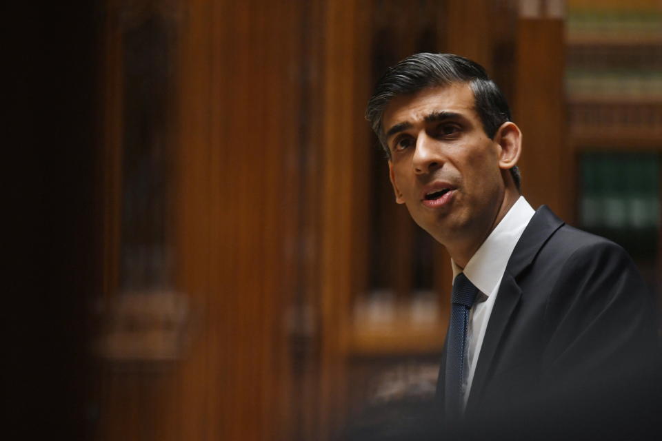 COVID British Chancellor of the Exchequer Rishi Sunak delivers a statement on the economic update, at the House of Commons in London, Britain February 3, 2022. UK Parliament/Jessica Taylor/Handout via REUTERS  ATTENTION EDITORS - THIS IMAGE HAS BEEN SUPPLIED BY A THIRD PARTY. MANDATORY CREDIT. IMAGE MUST NOT BE ALTERED.