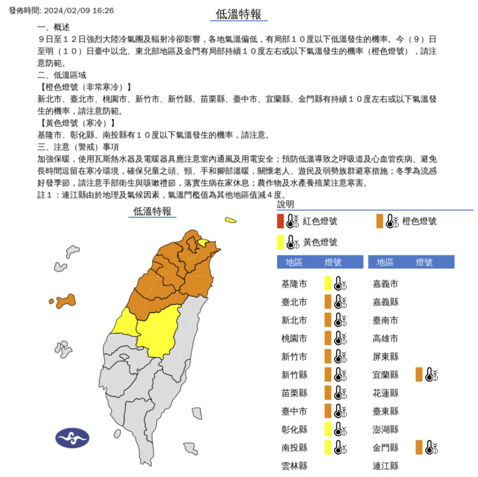 氣象署針對12縣市發布低溫特報，時間將持續到明(10日)白天。(圖／氣象署)