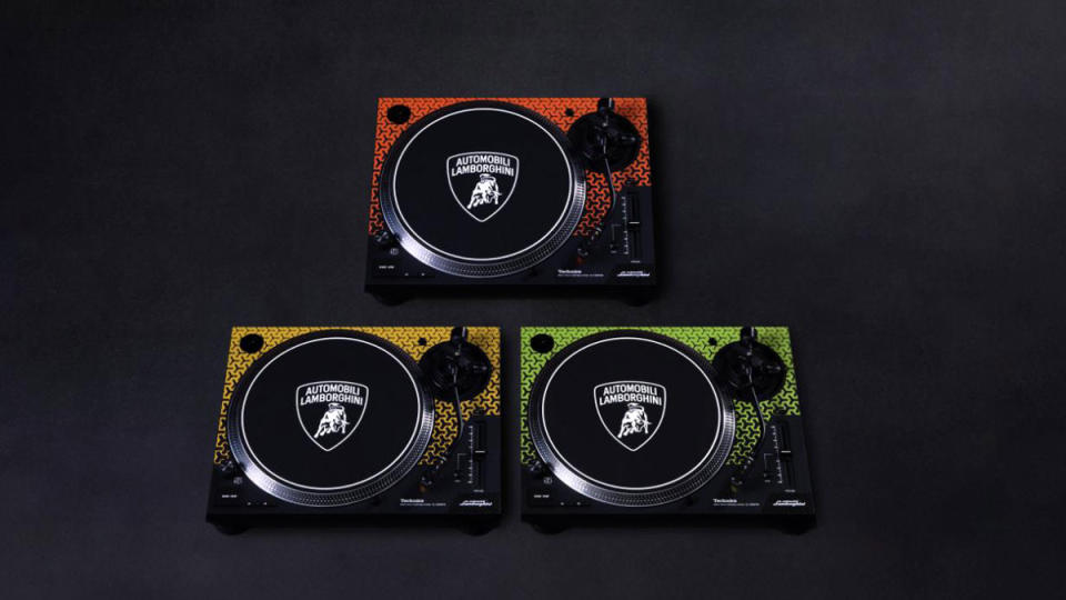 The Technics Special Edition Lamborghini SL-1200M7B Direct Drive Turntable System shown in three different colorways.