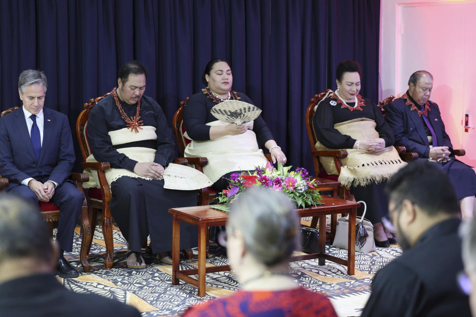 U.S. Secretary of State Antony Blinken, from left, Tonga's Crown Prince Tupouto'a 'Ulukalala and Crown Princess Sinaitakala attend the dedication of the new U.S. embassy in Tonga, in Nuku'alofa on Wednesday, July 26, 2023. (Tupou Vaipulu/Pool Photo via AP)