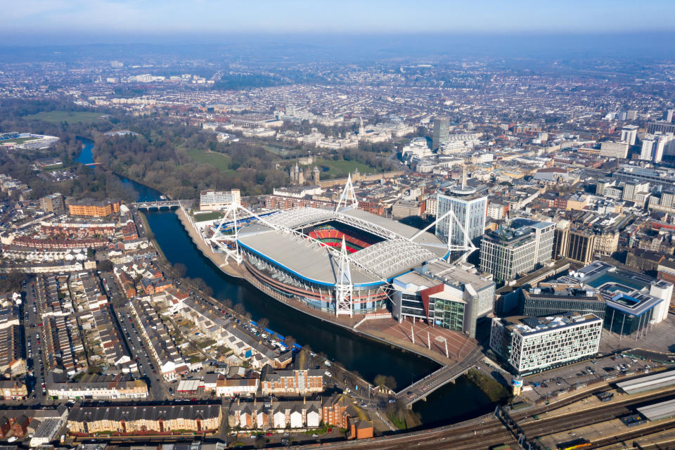 Cardiff aerial view Wales capital cityscape skyline from above