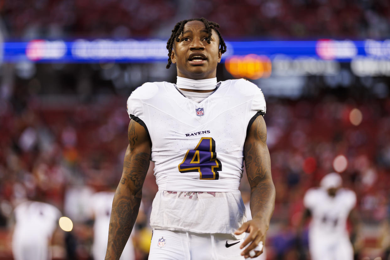 SANTA CLARA, CALIFORNIA - DECEMBER 25: Zay Flowers #4 of the Baltimore Ravens looks on during pregame warmups before an NFL football game against the San Francisco 49ers at Levi's Stadium on December 25, 2023 in Santa Clara, California. (Photo by Ryan Kang/Getty Images)