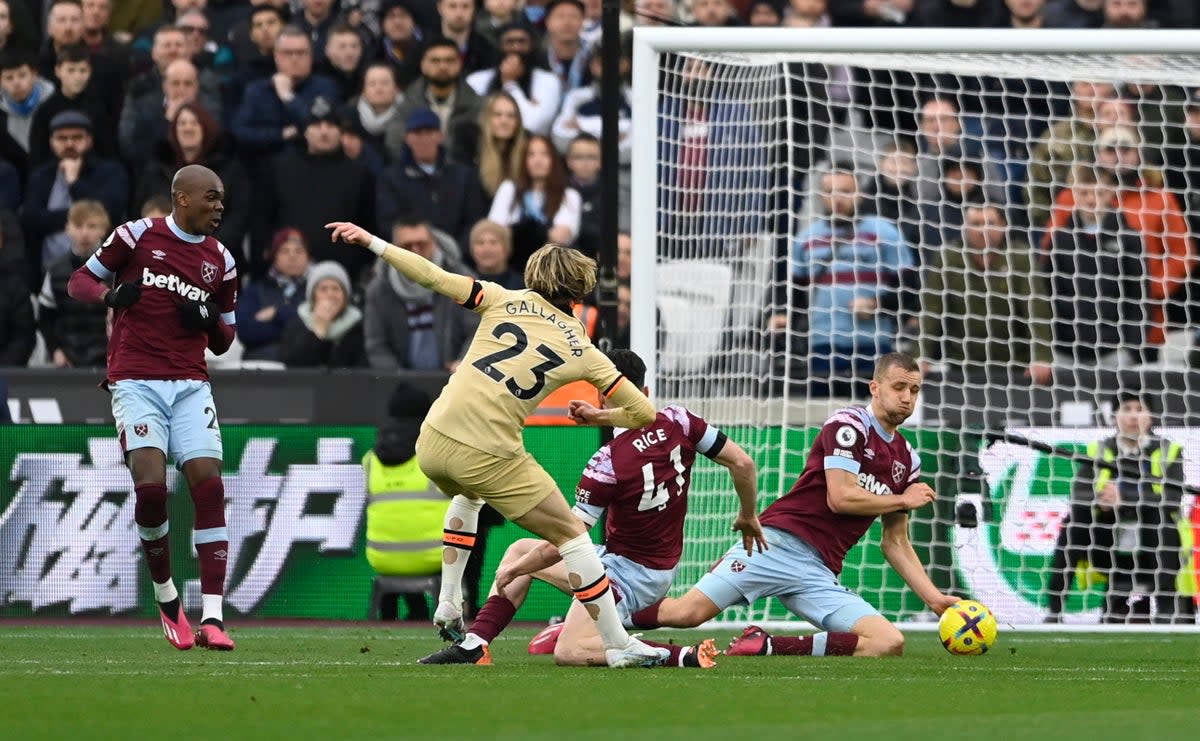 Tomas Soucek blocks Conor Gallagher’s shot with his hand (Reuters)