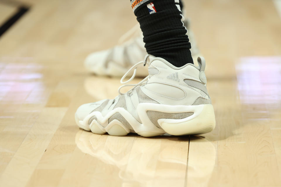 Nov 19, 2023; Portland, Oregon, USA; Shoes worn by Portland Trail Blazers forward Jerami Grant (9) in a game against the Oklahoma City Thunder in the first half at Moda Center. Mandatory Credit: Jaime Valdez-USA TODAY Sports