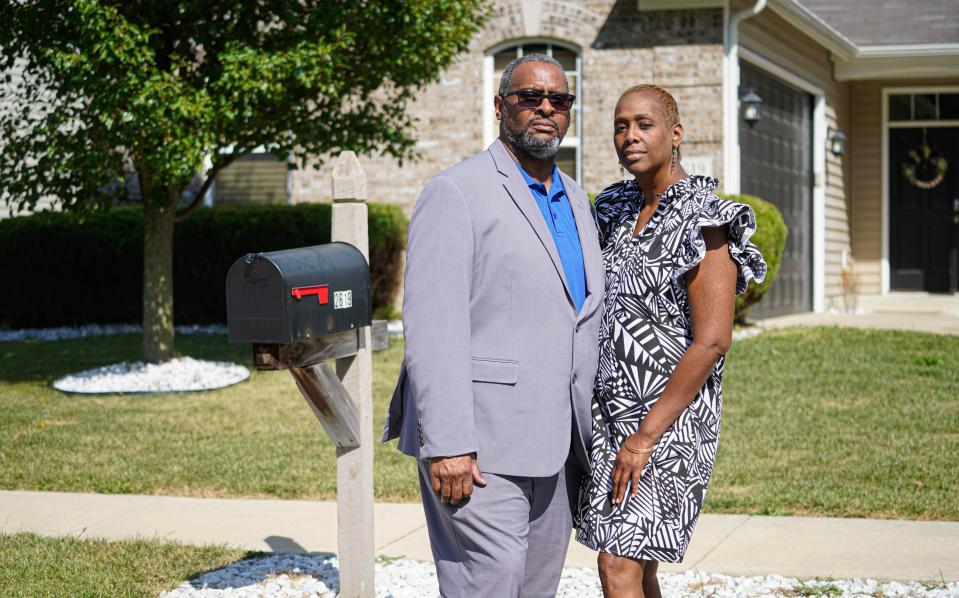 Cedric and Rakesha Hill are photographed in front of a home they hoped to purchase back in 2021, on Sunday, Sept. 3, 2023, in Indianapolis. The couple found that they were outbid by a cash-only offer from real estate investment company Tricon Residential, a Canadian real estate company which is one of Indianapolis' largest corporate residential real estate owners.