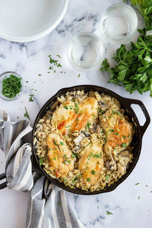 <p>Whole & Heavenly Oven</p><p>This one pot chicken marsala orzo takes all the work out of traditional chicken marsala and transforms it into a quick, easy weeknight meal made entirely in one pot!</p><p><strong>Get the recipe: </strong><a href="https://wholeandheavenlyoven.com/2021/09/20/one-pot-chicken-marsala-orzo/" rel="nofollow noopener" target="_blank" data-ylk="slk:Chicken Marsala Orzo;elm:context_link;itc:0;sec:content-canvas" class="link rapid-noclick-resp"><strong>Chicken Marsala Orzo</strong></a></p>