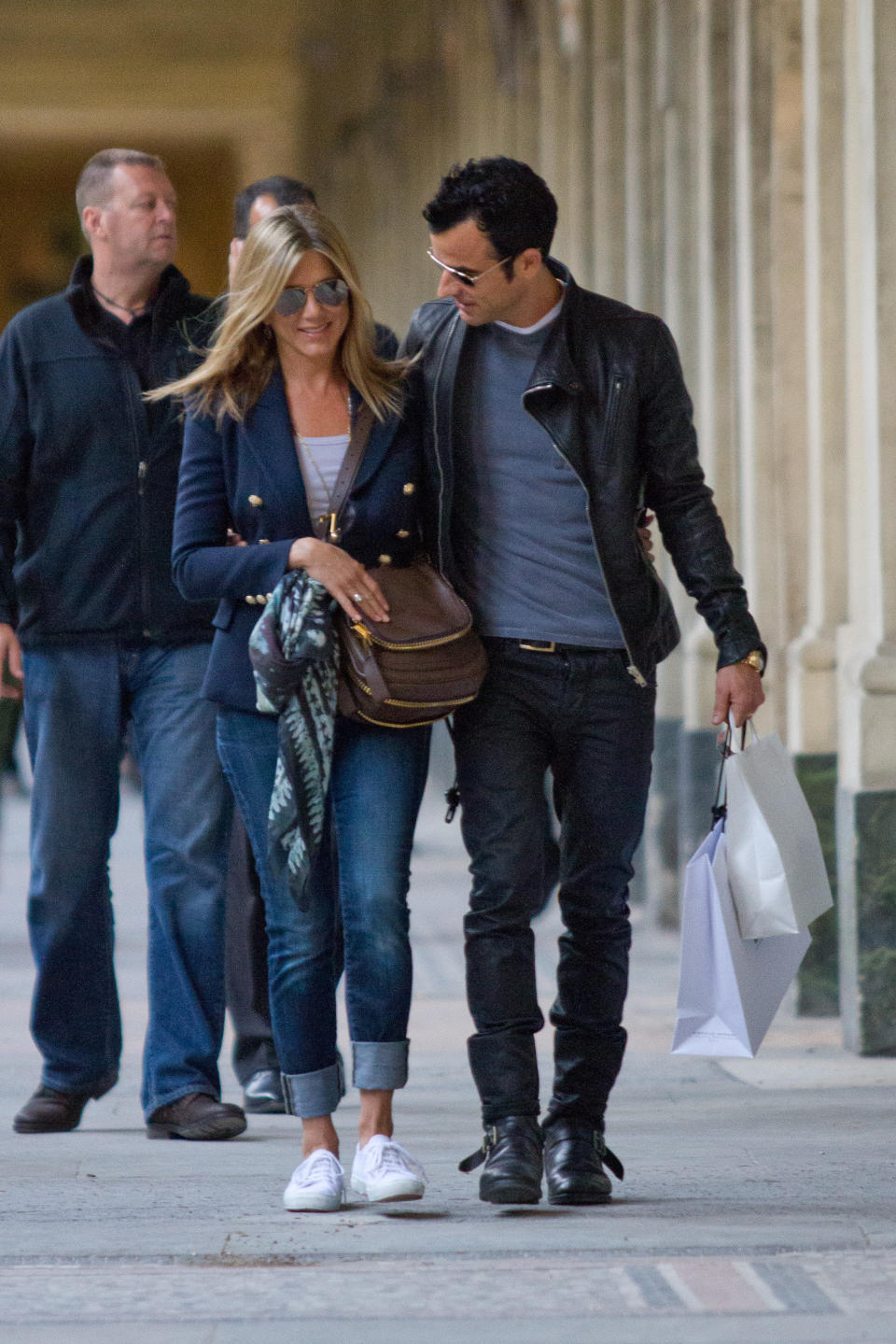 Actress Jennifer Aniston and boyfriend Justin Theroux are seen at the 'Palais Royal' gardens on June 11, 2012 in Paris, France.