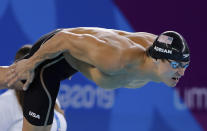 FILE - In this Friday, Aug. 9, 2019 file photo, Nathan Adrian of United States competes in men's swimming 50m freestyle at the Pan American Games in Lima, Peru. Adrian is competing in the Olympic trials in Omaha, Neb., Sunday, June 13, 2021 (AP Photo/Fernando Llano, File)