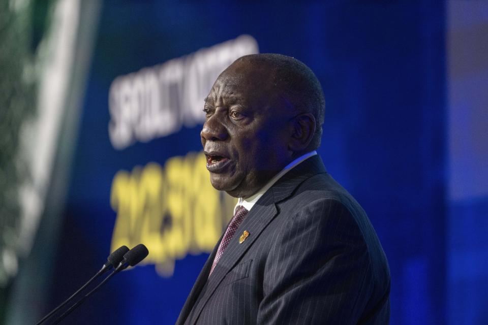 South African President Cyril Ramaphosa delivers his speech at the formal announcement of the results in South Africa's general elections at the National Results Operations Center in Johannesburg, South Africa, Sunday, June 2, 2024. Humbled by a stinging election result, South Africa's African National Congress was talking to everyone in an effort to form a stable coalition government for Africa's most advanced economy after it lost its 30-year majority. (AP Photo/Jerome Delay)