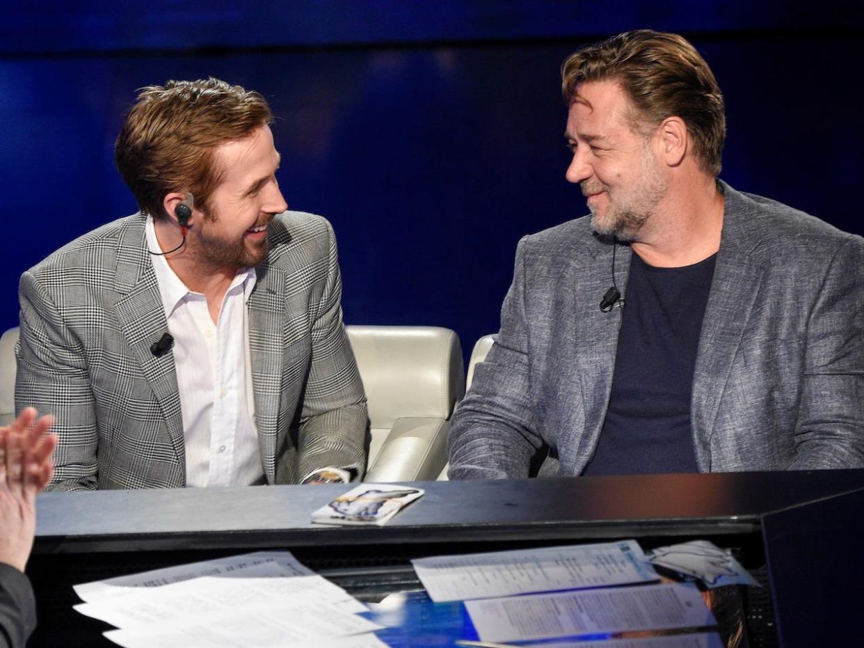 Russell Crowe and Ryan Gosling attend the 'Che Tempo Che Fa' Tv Show on May 22, 2016 in Milan, Italy. (Photo by Pietro D'aprano/Getty Images)