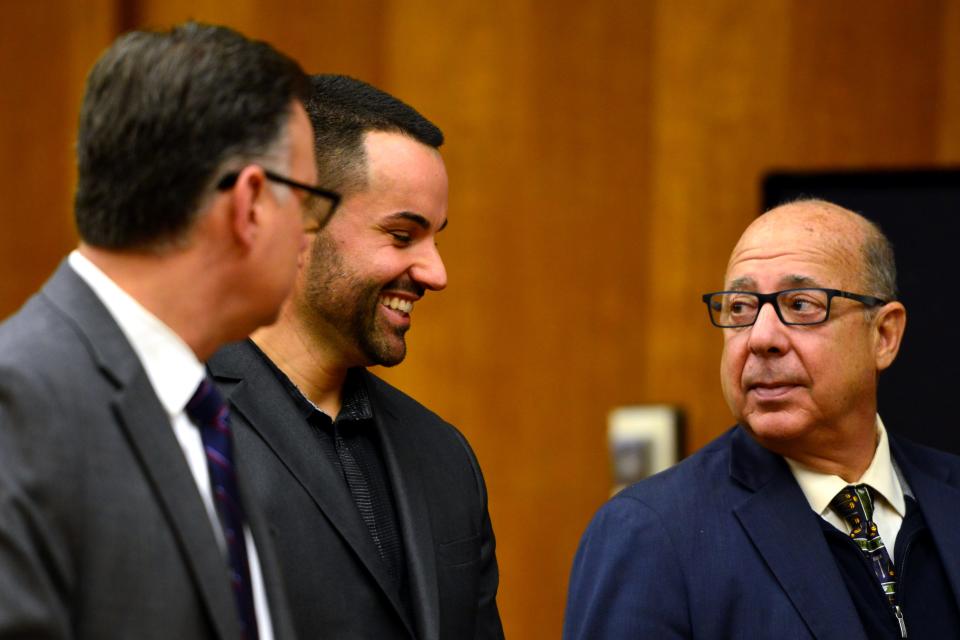 Palisades Park Sgt. Marc Messing, at right, with his attorney Ken Ralph, during a court appearance in 2019.