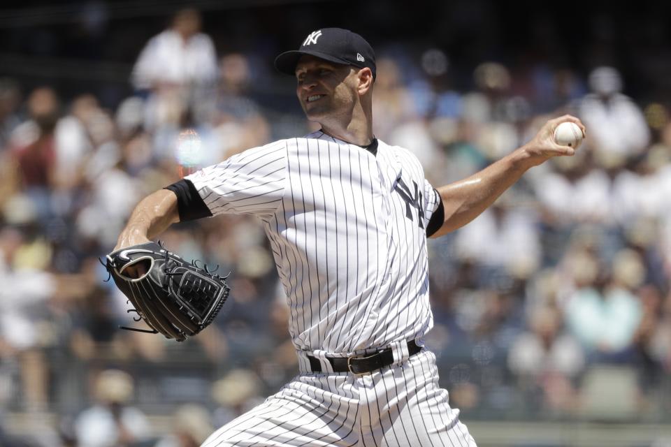 New York Yankees' J.A. Happ delivers a pitch during the first inning of a baseball game against the Toronto Blue Jays Saturday, July 13, 2019, in New York. (AP Photo/Frank Franklin II)