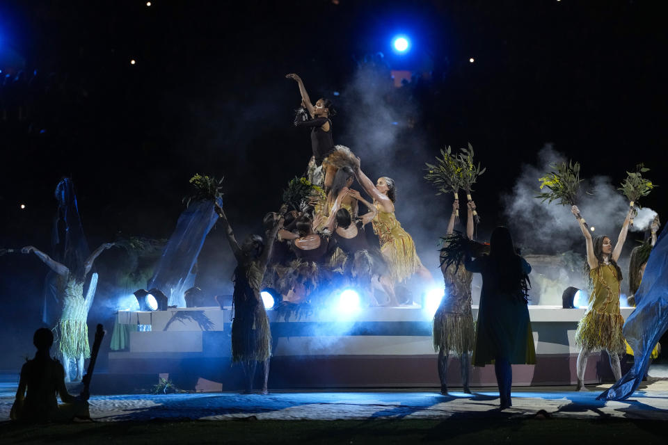 Australian Aboriginal dancers perform during the opening ceremony prior the Women's World Cup soccer match between Australia and Ireland at Stadium Australia in Sydney, Australia, Thursday, July 20, 2023. (AP Photo/Rick Rycroft)