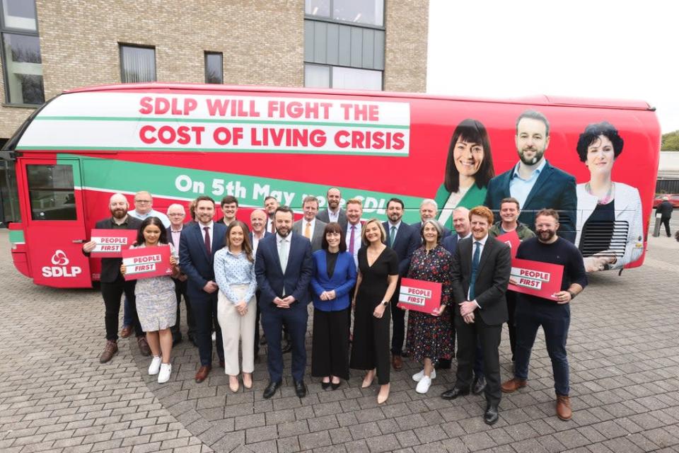 SDLP leader Colum Eastwood with candidates at the SDLP manifesto launch at The Junction, Dungannon (Liam McBurney/PA) (PA Wire)