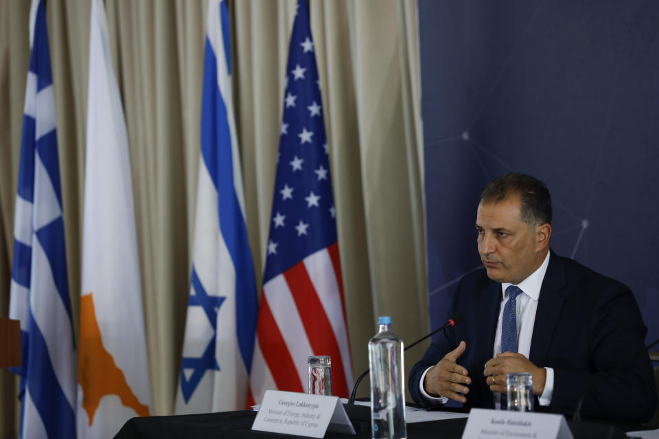 Cyprus' Energy Minister Georgios Lakkotrypis , speaks during a summit in Athens, on Wednesday, Aug. 7, 2019. Ministers of Greece , Cyprus Israel and US participated Wednesday in the first Energy Ministerial Summit. (AP Photo/Petros Giannakouris)