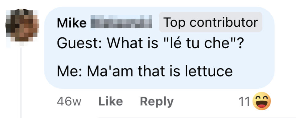 A screenshot of a social media comment where a user jokes about confusing 'lettuce' with 'l'e tu che'