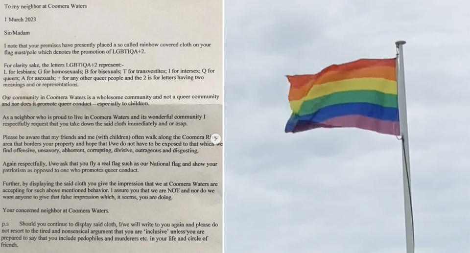 A letter from a neighbour demanding that a rainbow flag be taken down from a private property.