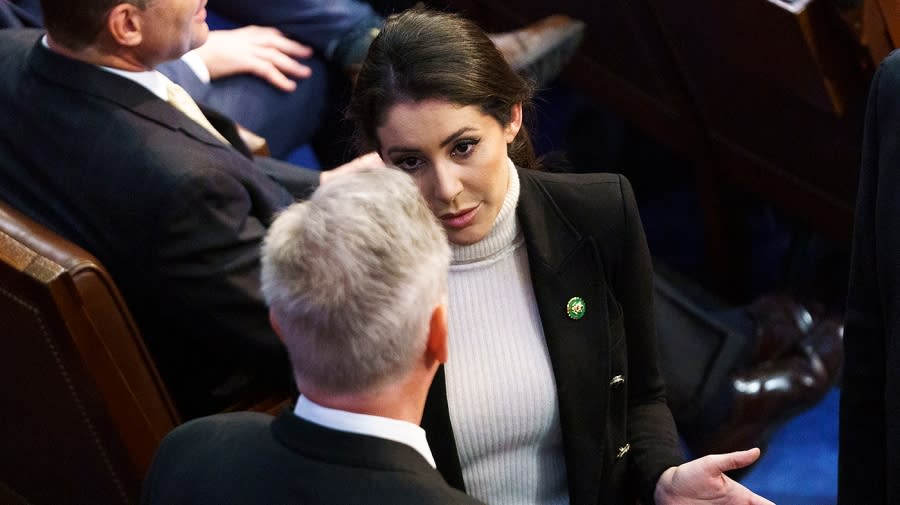 Rep.-elect Anna Luna (R-Fla.) speaks with Rep. Kevin McCarthy (R-Calif.)