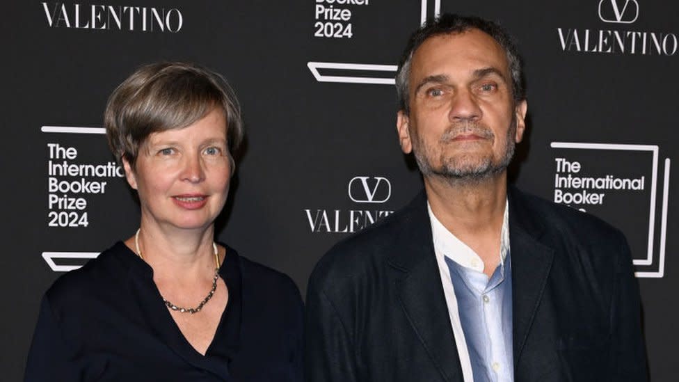 Author Jenny Erpenbeck of the shortlisted book "Kairos" and Translator Michael Hofman attend The International Booker Prize 2024 announcement at Tate Modern on May 21, 2024 in London, England. (Photo by Kate Green/Getty Images)
