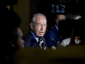 Senate Judiciary Committee Chairman Chuck Grassley, R-Iowa, speaks to reporters on Capitol Hill, Wednesday, Sept. 19, 2018, in Washington. Christine Blasey Ford wants the FBI to investigate her allegation that she was sexually assaulted by Supreme Court nominee Brett Kavanaugh before she testifies at a Senate Judiciary Committee hearing next week. (AP Photo/Andrew Harnik)