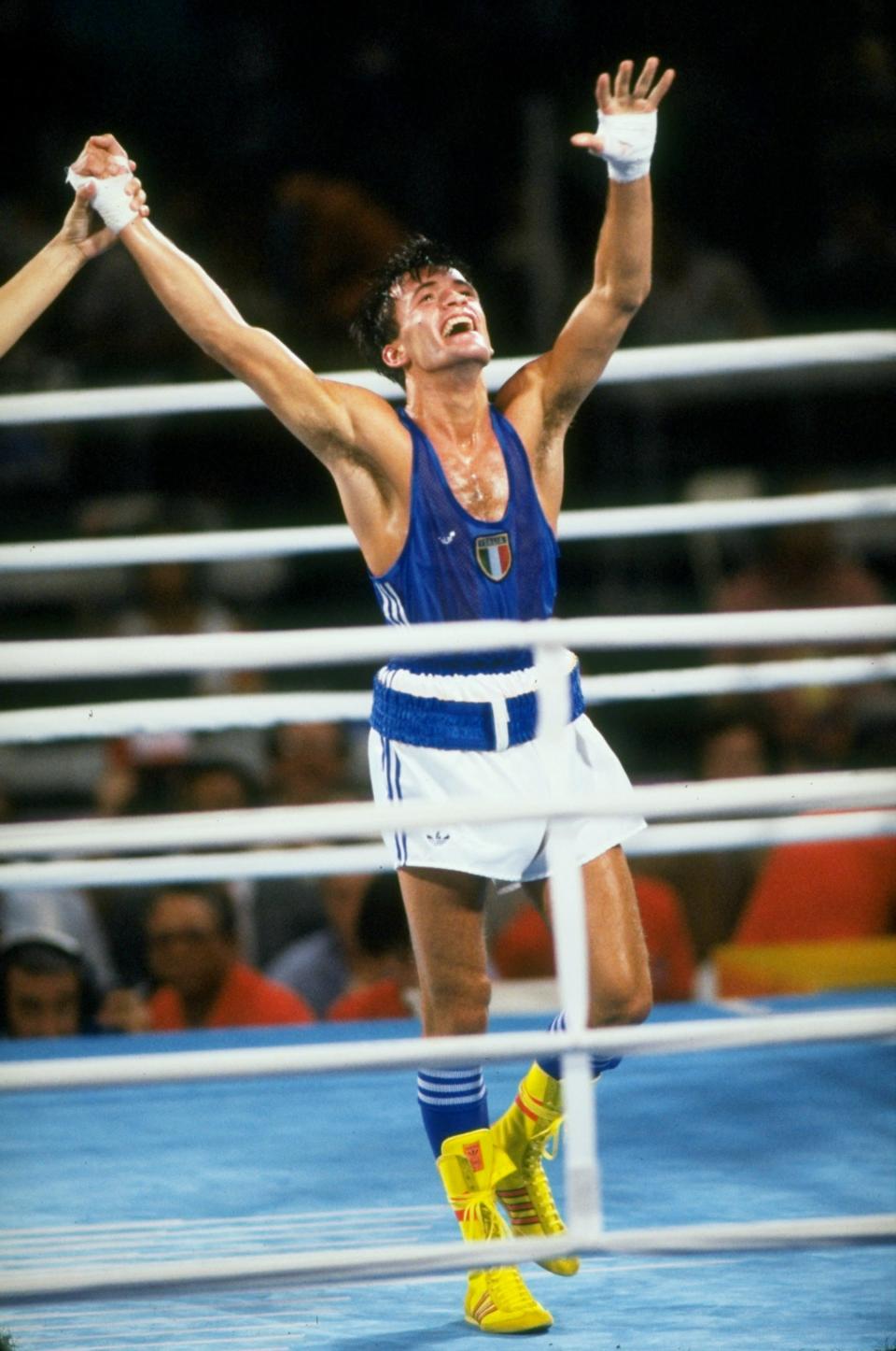 1984: Maurizio Stecca of Italy celebrates after winning the gold medal in the Bantamweight event during the 1984 Olympic Games in Los Angeles, California, USA. \ Mandatory Credit: Allsport UK /Allsport